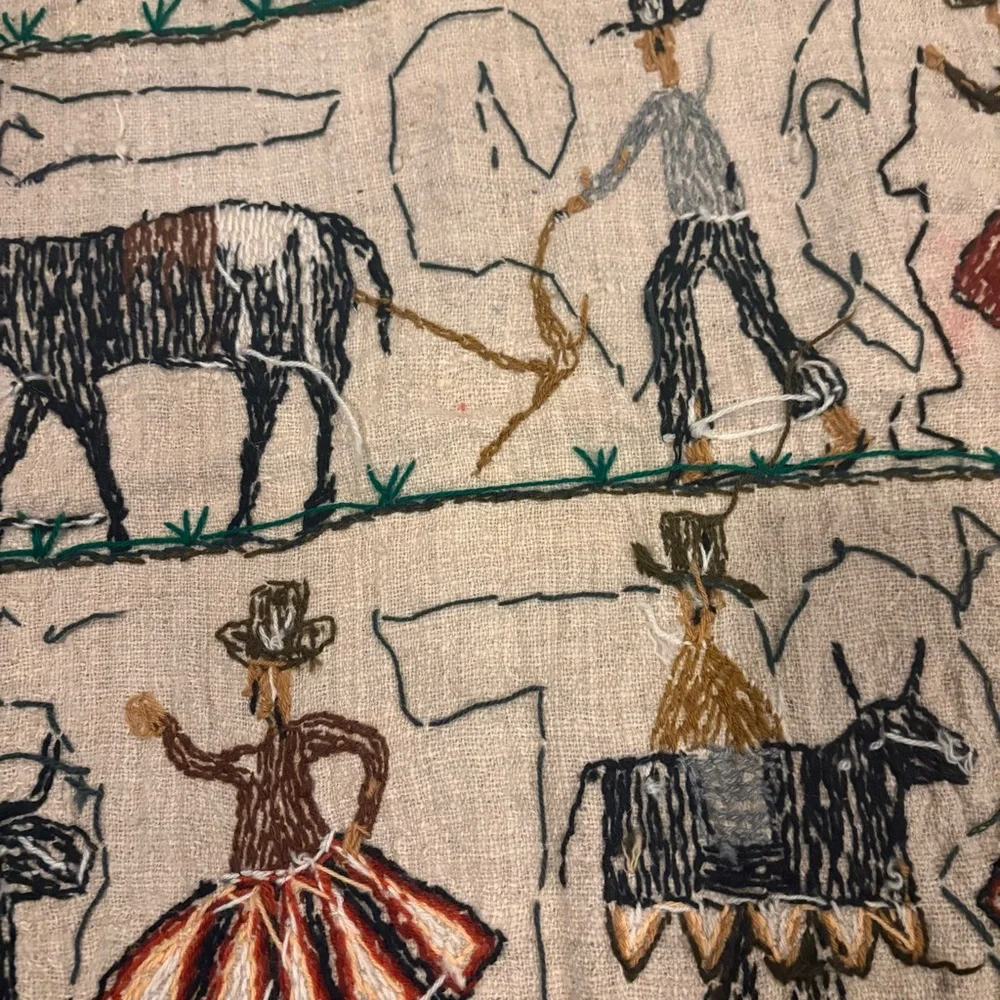 Vintage Folk Art Embroidery Peruvian Wall Tapestry Peru Artisan Fishing Dancing